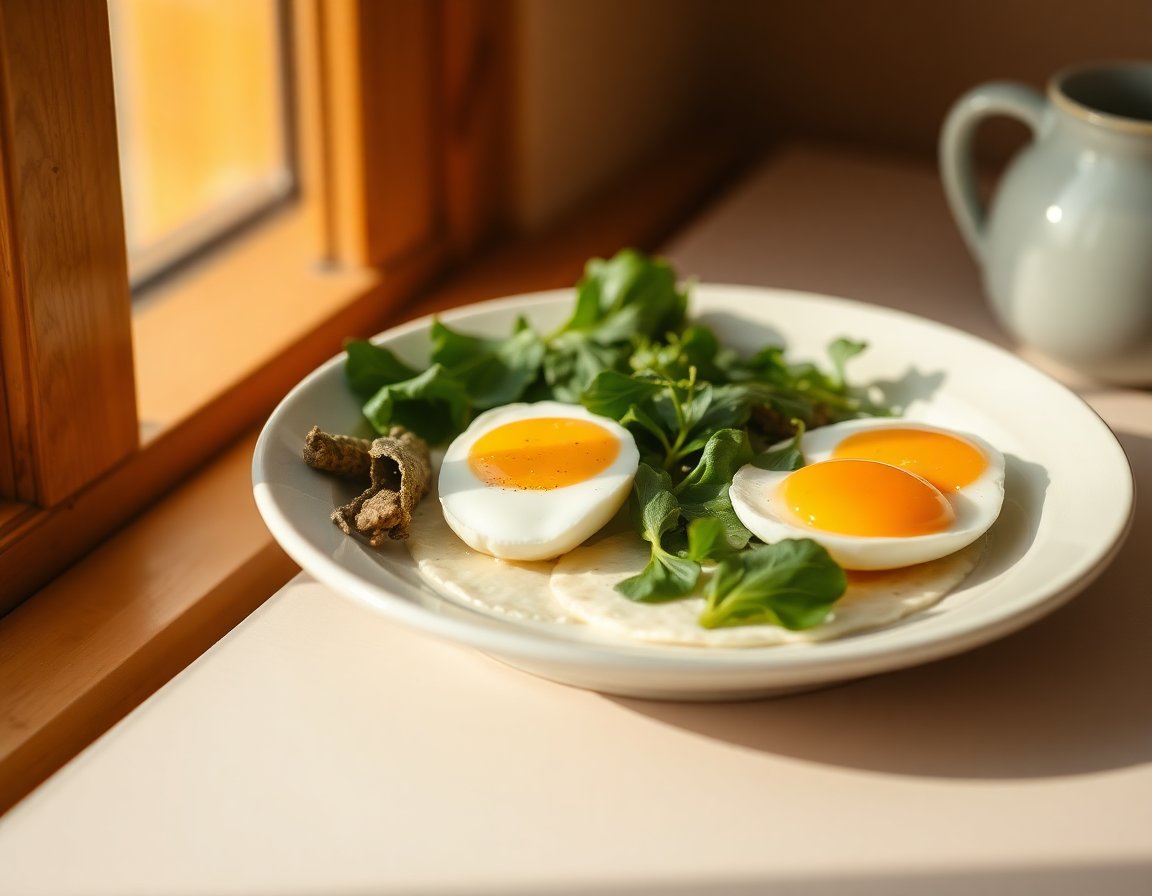 창가 아침 식탁에 놓인 통곡물 그릇과 삶은 달걀
